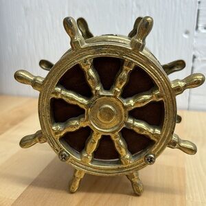 Vintage Set of 5 Nautical Coasters Brass Ship Wheel Holder Mid Century MCM